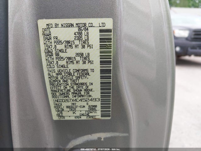 Aukcja sprzedaży 2004 Nissan Frontier Xe, vin: 1N6DD26TX4C452493, numer aukcji: 45579710