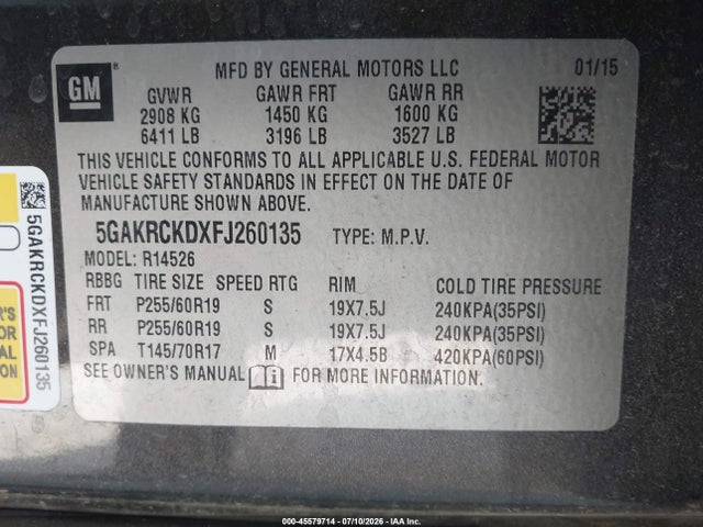 2015 Buick Enclave Premium მანქანა იყიდება აუქციონზე, vin: 5GAKRCKDXFJ260135, აუქციონის ნომერი: 45579714