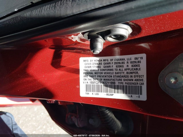 Honda Civic Lx 2019 19XFC2F61KE211999 Image 9