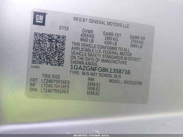 Chevrolet Express 3500 Ls 2019 1GAZGNFG8K1358716 Image 9