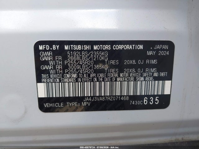 Aukcja sprzedaży 2024 Mitsubishi Outlander Se 2.5 2wd, vin: JA4J3VA87RZ071468, numer aukcji: 45579724