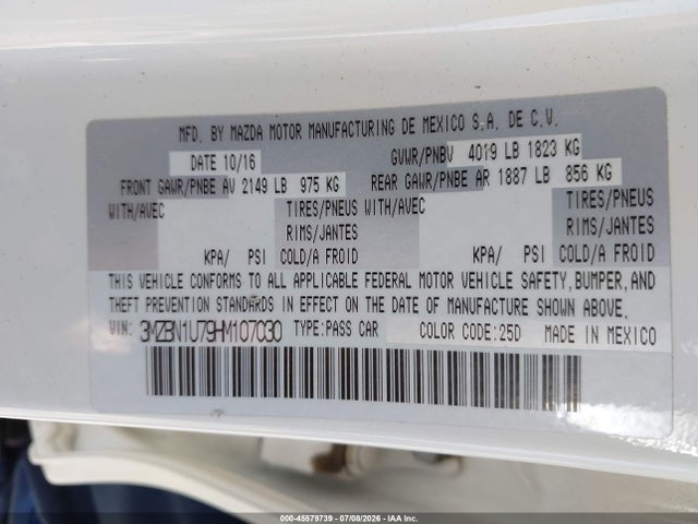 Продажа на аукционе авто 2017 Mazda Mazda3 Sport, vin: 3MZBN1U79HM107030, номер лота: 45579739