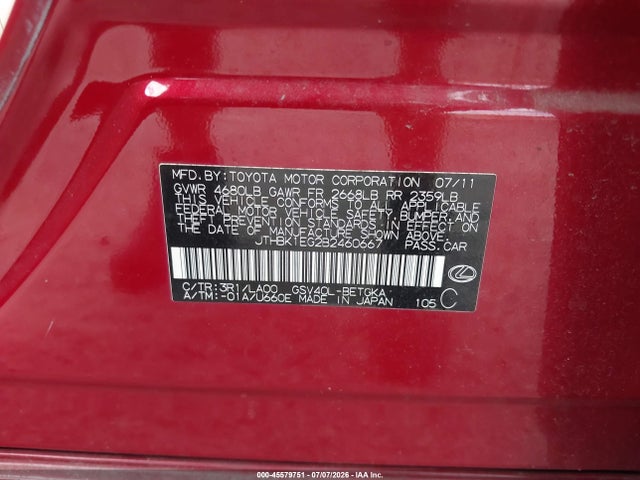 45579751 :رقم المزاد ، JTHBK1EG2B2460667 vin ، 2011 Lexus Es 350 مزاد بيع