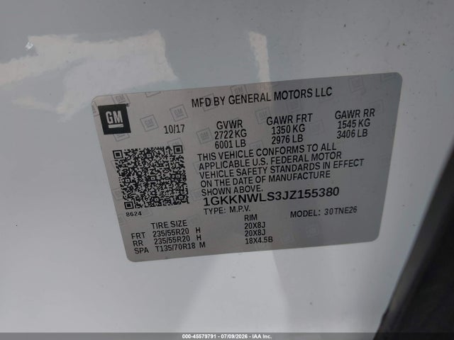 Aukcja sprzedaży 2018 Gmc Acadia Slt-2, vin: 1GKKNWLS3JZ155380, numer aukcji: 45579791