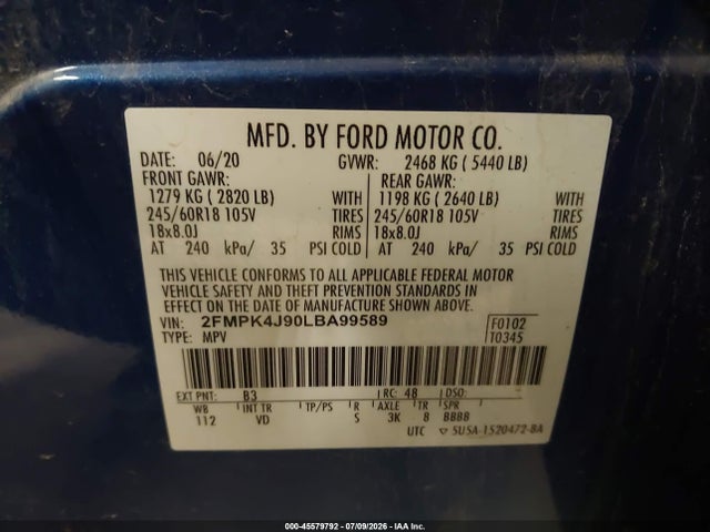 45579792 :رقم المزاد ، 2FMPK4J90LBA99589 vin ، 2020 Ford Edge Sel مزاد بيع
