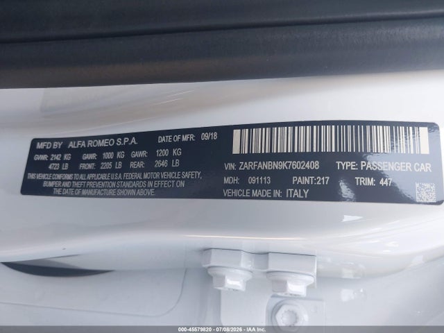 Продажа на аукционе авто 2019 Alfa Romeo Giulia Ti Sport Awd, vin: ZARFANBN9K7602408, номер лота: 45579820