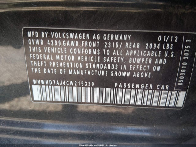 45579824 :رقم المزاد ، WVWHD7AJ4CW215339 vin ، 2012 Volkswagen Gti 4-door مزاد بيع