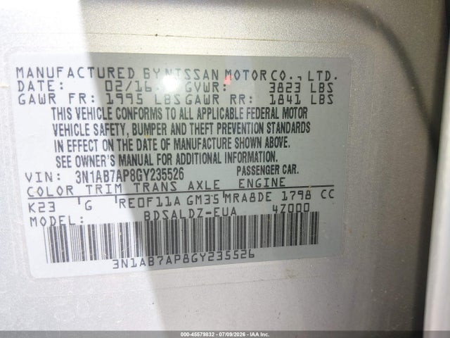 Aukcja sprzedaży 2016 Nissan Sentra, vin: 3N1AB7AP8GY235526, numer aukcji: 45579832