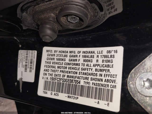 2016 Honda Civic Lx მანქანა იყიდება აუქციონზე, vin: 19XFC2F53GE087054, აუქციონის ნომერი: 45579860