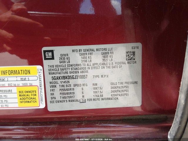 Auction sale of the 2016 Buick Enclave Leather, vin: 5GAKVBKD5GJ310057, lot number: 45579867