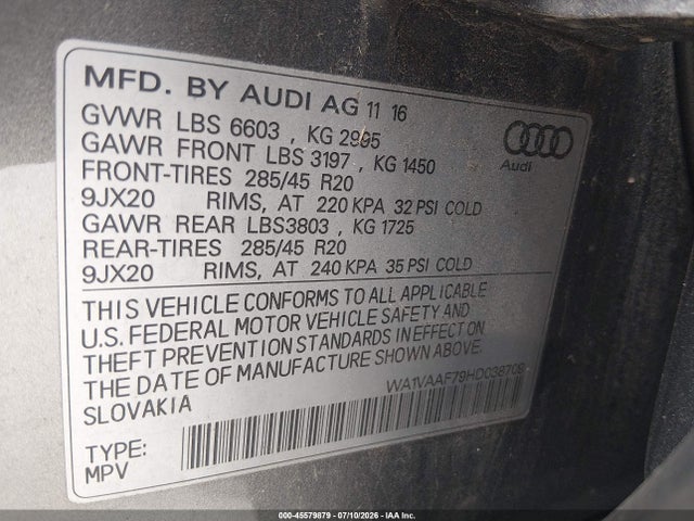 Продаж на аукціоні авто 2017 Audi Q7 3.0t Premium, vin: WA1VAAF79HD038709, номер лоту: 45579879