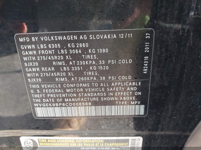Продаж на аукціоні авто 2012 Volkswagen Touareg Tdi Executive, vin: WVGEK9BP6CD006568, номер лоту: 45579892