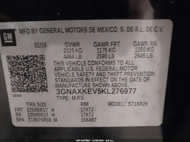 Продаж на аукціоні авто 2019 Chevrolet Equinox Lt, vin: 3GNAXKEV5KL276977, номер лоту: 45579901
