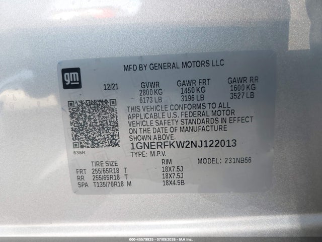 1GNERFKW2NJ122013 Chevrolet Traverse Fwd Ls