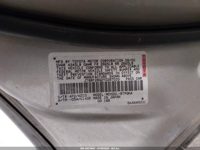 Продаж на аукціоні авто 2000 Lexus Es 300, vin: JT8BF28G2Y0287033, номер лоту: 45579947
