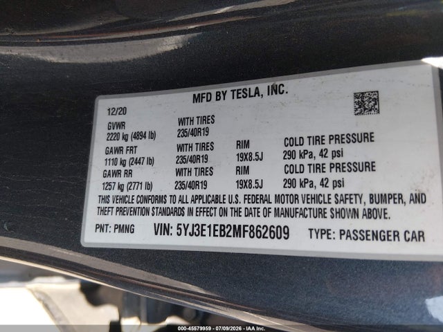 Tesla Model 3 Long Range 2021 5YJ3E1EB2MF862609 Image 9