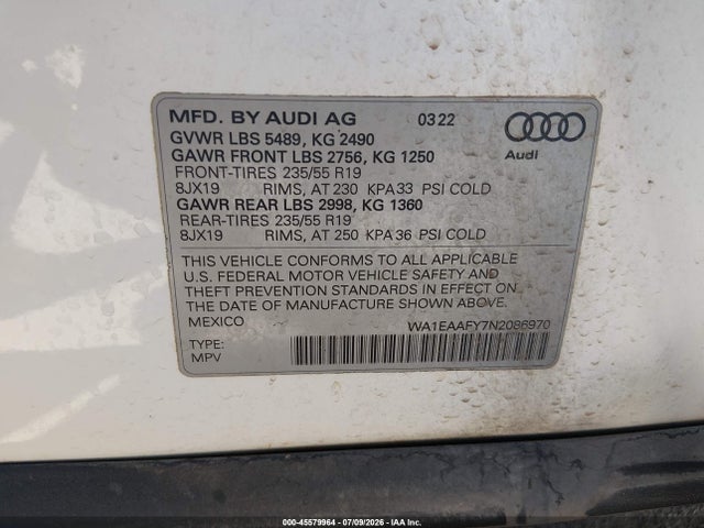 WA1EAAFY7N2086970 Audi Q5 Premium Plus 45 Tfsi S Line Quattro S Tronic
