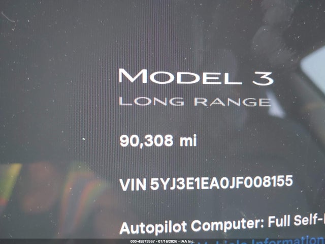 Продажа на аукционе авто 2018 Tesla Model 3 Long Range/mid Range, vin: 5YJ3E1EA0JF008155, номер лота: 45579967