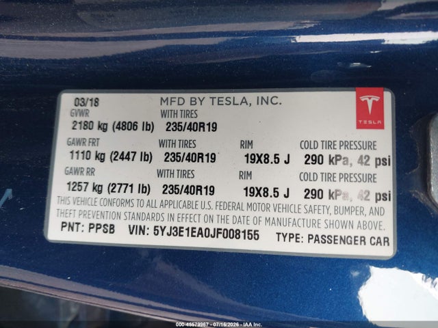 Продажа на аукционе авто 2018 Tesla Model 3 Long Range/mid Range, vin: 5YJ3E1EA0JF008155, номер лота: 45579967