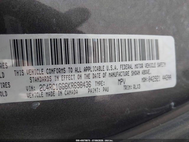 Aukcja sprzedaży 2019 Chrysler Pacifica Limited, vin: 2C4RC1GG6KR698436, numer aukcji: 45579970