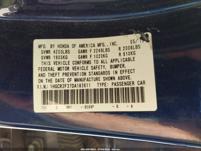 45579982 :رقم المزاد ، 1HGCR2F37DA183611 vin ، 2013 Honda Accord Lx مزاد بيع
