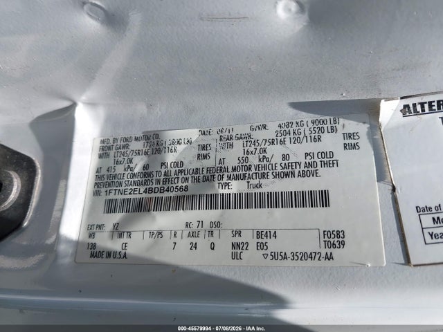 Продаж на аукціоні авто 2011 Ford E-250 Commercial, vin: 1FTNE2EL4BDB40568, номер лоту: 45579994