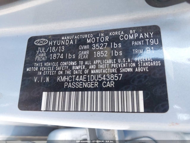 Продажа на аукционе авто 2013 Hyundai Accent Gls, vin: KMHCT4AE1DU543857, номер лота: 45580002