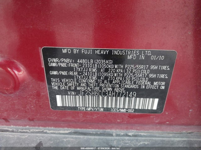Продаж на аукціоні авто 2010 Subaru Forester 2.5x Premium, vin: JF2SH6CC3AH772149, номер лоту: 45580017