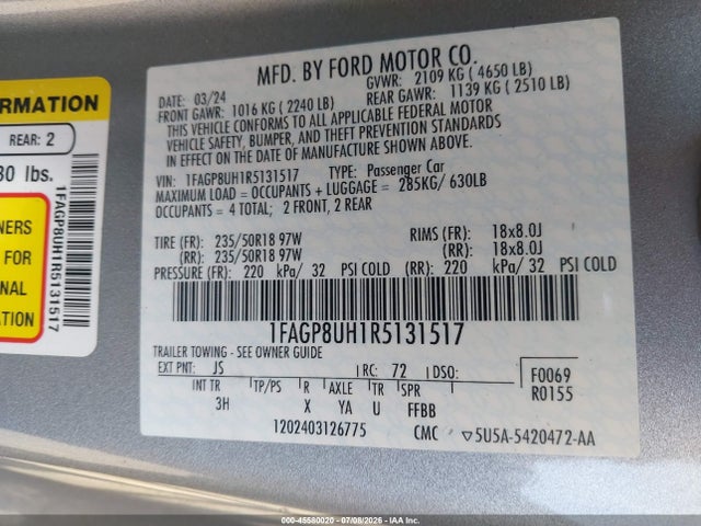 Aukcja sprzedaży 2024 Ford Mustang Ecoboost Premium, vin: 1FAGP8UH1R5131517, numer aukcji: 45580020
