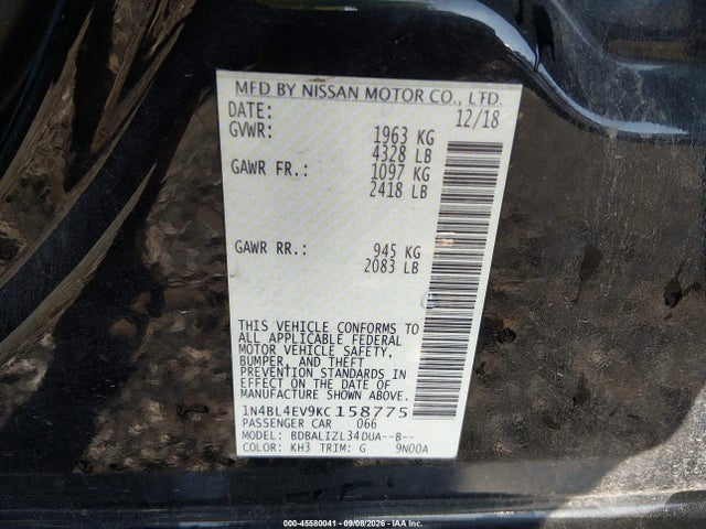 Aukcja sprzedaży 2019 Nissan Altima 2.5 Sl, vin: 1N4BL4EV9KC158775, numer aukcji: 45580041