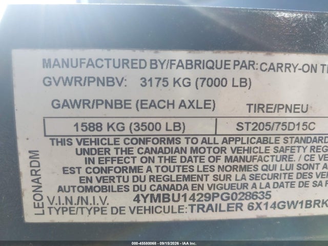 Auction sale of the 2023 Carry On Utility Trlr, vin: 4YMBU1429PG028635, lot number: 45580068