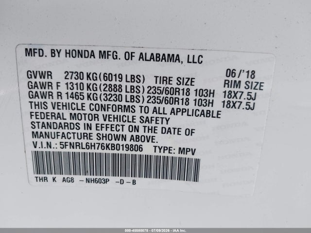 5FNRL6H76KB019806 Honda Odyssey Ex-l