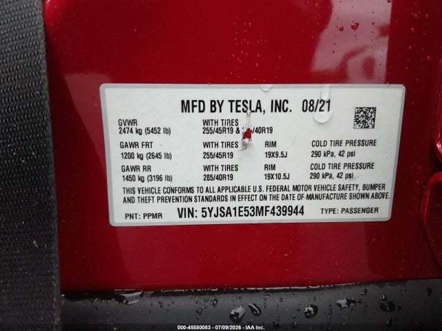 45580083 :رقم المزاد ، 5YJSA1E53MF439944 vin ، 2021 Tesla Model S Long Range Dual Motor All-wheel Drive مزاد بيع