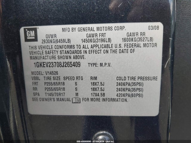 2008 Gmc Acadia Slt-1 მანქანა იყიდება აუქციონზე, vin: 1GKEV23708J265409, აუქციონის ნომერი: 45580090
