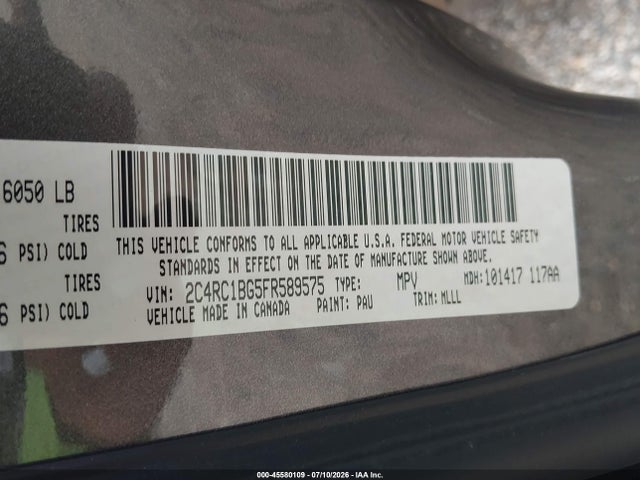 45580109 :رقم المزاد ، 2C4RC1BG5FR589575 vin ، 2015 Chrysler Town & Country Touring مزاد بيع