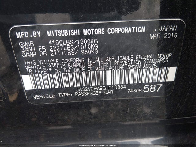 Aukcja sprzedaży 2016 Mitsubishi Lancer Es, vin: JA32V2FW9GU010884, numer aukcji: 45580117