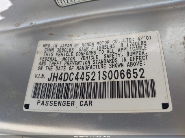 Auction sale of the 2001 Acura Integra Ls, vin: JH4DC44521S006652, lot number: 45580133