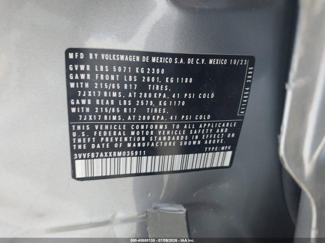 2024 Volkswagen Tiguan 2.0t S მანქანა იყიდება აუქციონზე, vin: 3VVFB7AXXRM035911, აუქციონის ნომერი: 45580135