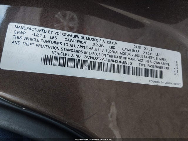 Продаж на аукціоні авто 2011 Volkswagen Jetta 2.5l Se, vin: 3VWDZ7AJ2BM348810, номер лоту: 45580142