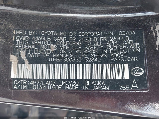 Aukcja sprzedaży 2003 Lexus Es 300, vin: JTHBF30G330132842, numer aukcji: 45580161
