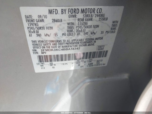 45580163 :رقم المزاد ، 2FMDK3KC4BBA18342 vin ، 2011 Ford Edge Limited مزاد بيع