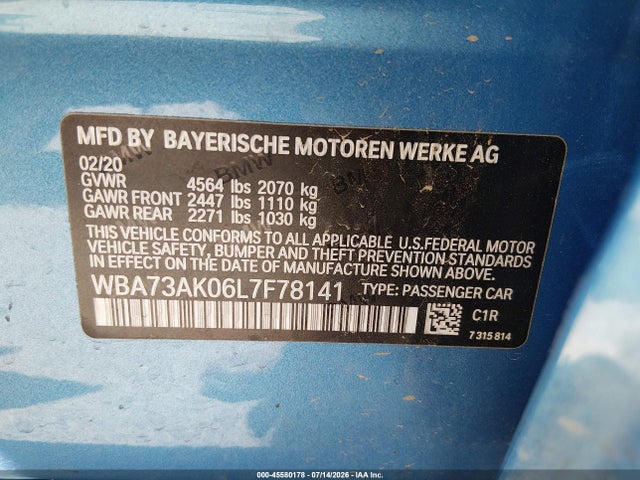 Продаж на аукціоні авто 2020 Bmw 228i Gran Coupe Xdrive, vin: WBA73AK06L7F78141, номер лоту: 45580178