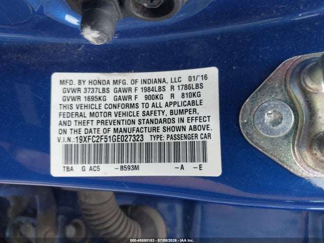 Honda Civic Lx 2016 19XFC2F51GE027323 Image 9