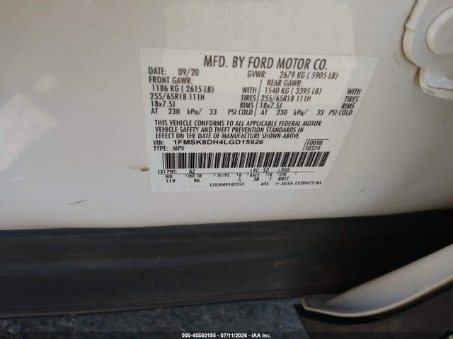 Aukcja sprzedaży 2020 Ford Explorer Xlt, vin: 1FMSK8DH4LGD15926, numer aukcji: 45580195