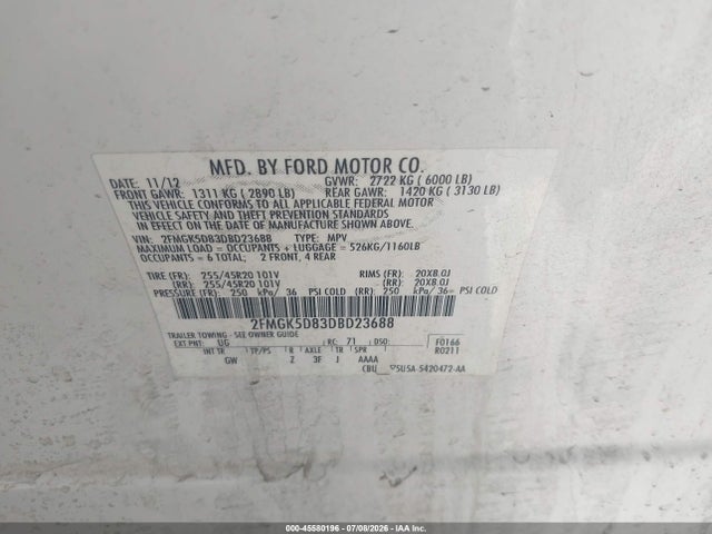 2013 Ford Flex Limited მანქანა იყიდება აუქციონზე, vin: 2FMGK5D83DBD23688, აუქციონის ნომერი: 45580196