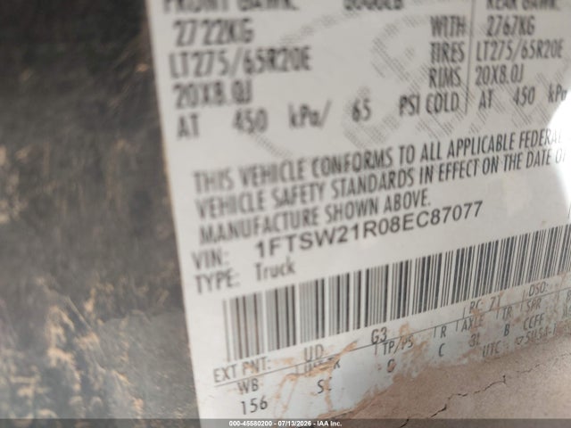 Aukcja sprzedaży 2008 Ford Super Duty F-250 Srw Fx4/harley-davidson/king Ranch/lariat/xl/xlt, vin: 1FTSW21R08EC87077, numer aukcji: 45580200