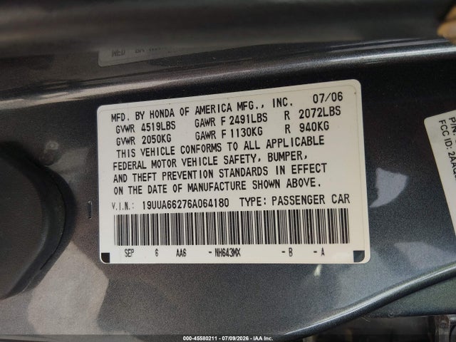 2006 Acura Tl მანქანა იყიდება აუქციონზე, vin: 19UUA66276A064180, აუქციონის ნომერი: 45580211
