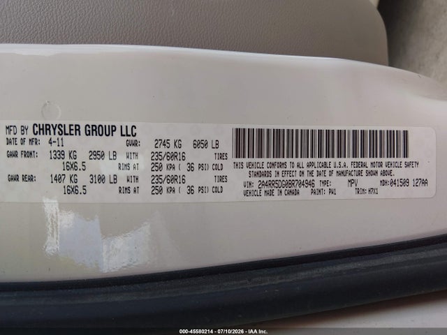 45580214 :رقم المزاد ، 2A4RR5DG0BR704946 vin ، 2011 Chrysler Town & Country Touring مزاد بيع