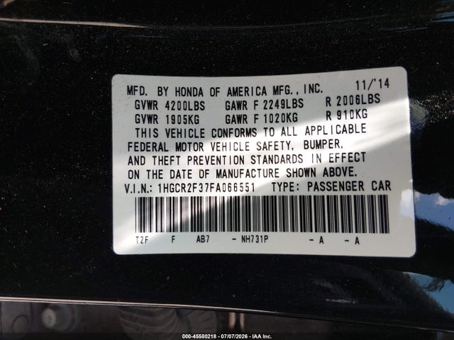 Aukcja sprzedaży 2015 Honda Accord Lx, vin: 1HGCR2F37FA066551, numer aukcji: 45580218