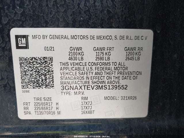 Продаж на аукціоні авто 2021 Chevrolet Equinox Awd 2fl, vin: 3GNAXTEV3MS139552, номер лоту: 45580230